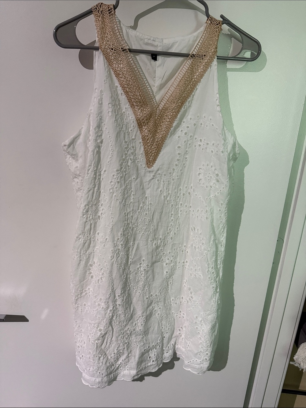 Source Unknown White Eyelet Mini Dress with Tan Crochet V-Neck